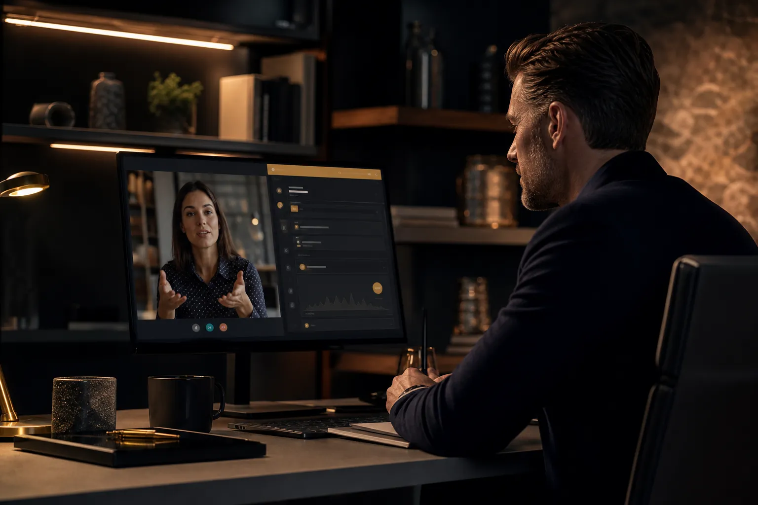 Sales professional on a video call with the Almanac sidebar visible beside the screen